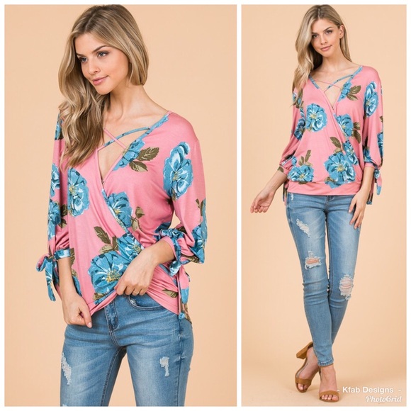 Surplice Crisscross Floral Flower Top Pink Blue Medium M - Picture 10 of 12
